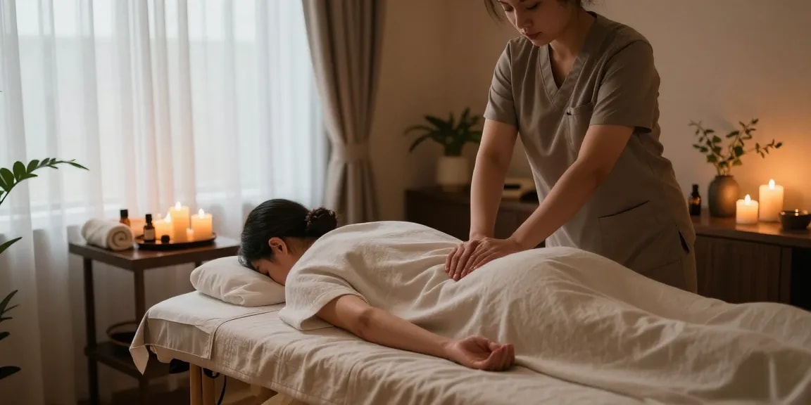 마사지 중인 치료사와 편안한 고객의 모습으로 아늑한 마사지 룸의 분위기를 담은 이미지