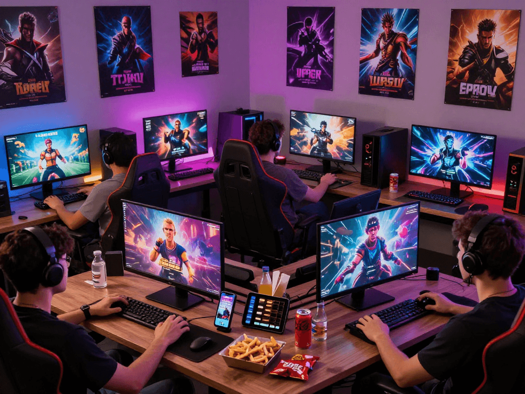 Dynamic scene of players enjoying various porn games across devices, showcasing excitement and diversity in adult interactive entertainment.