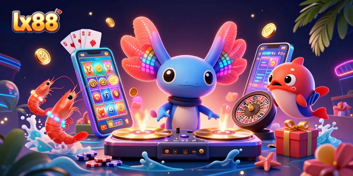 Experience vibrant gaming excitement with lx88, featuring a neon-colored axolotl DJ at a lively underwater casino.
