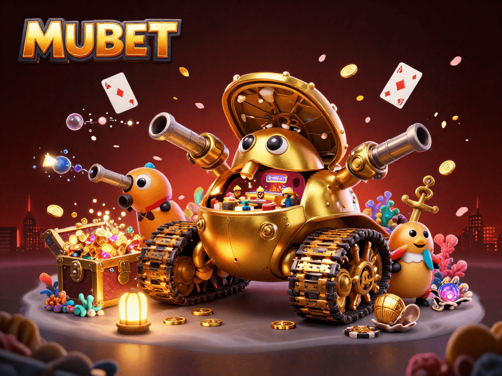 MUBET offers a vibrant gaming experience showcasing a cartoon casino tank and slot machine elements.
