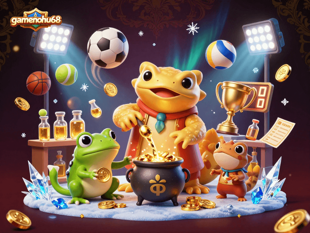 Experience gamenohu68 as a golden salamander alchemist transforms metals into coins amidst dynamic sports elements.