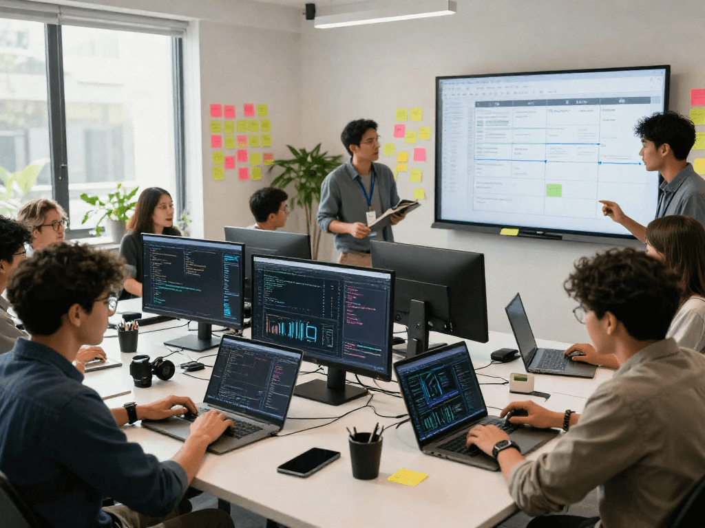 Team collaborating on AI 18+ project in modern workspace with tech devices and creativity.
