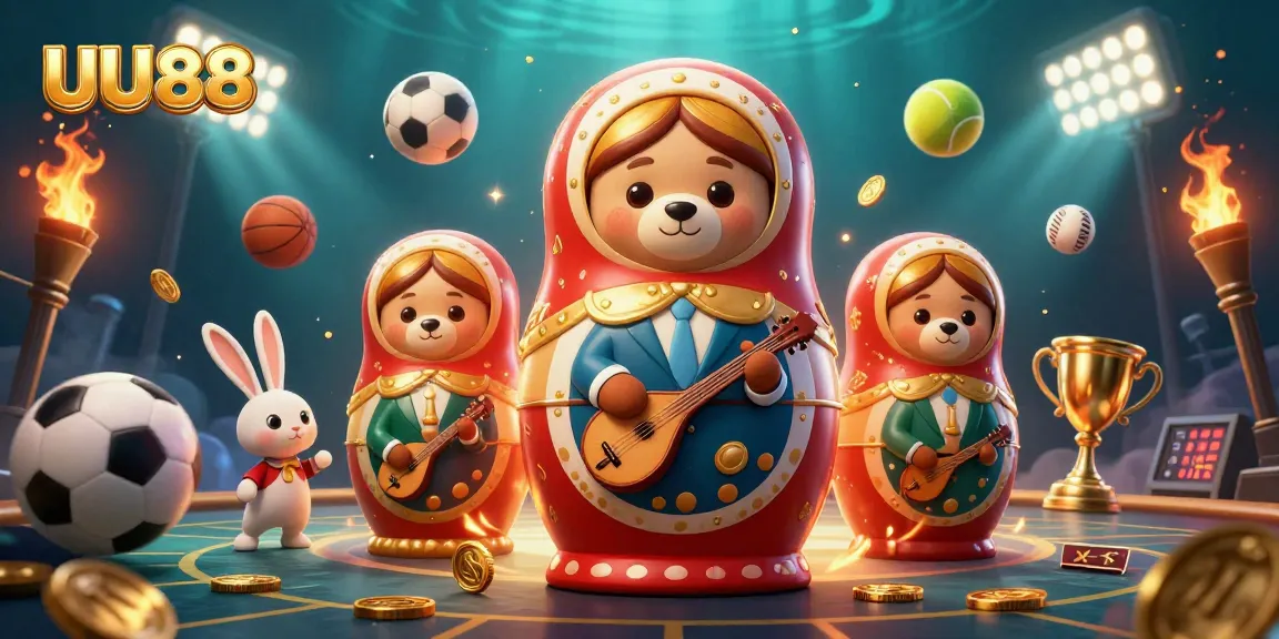 Experience the thrilling atmosphere at UU88 with cartoon bears in casino dealer outfits and dynamic sports elements.