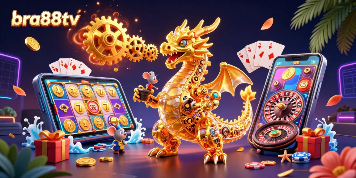 Engage with bra88tv's thrilling gaming world featuring a golden dragon and vibrant slot elements.