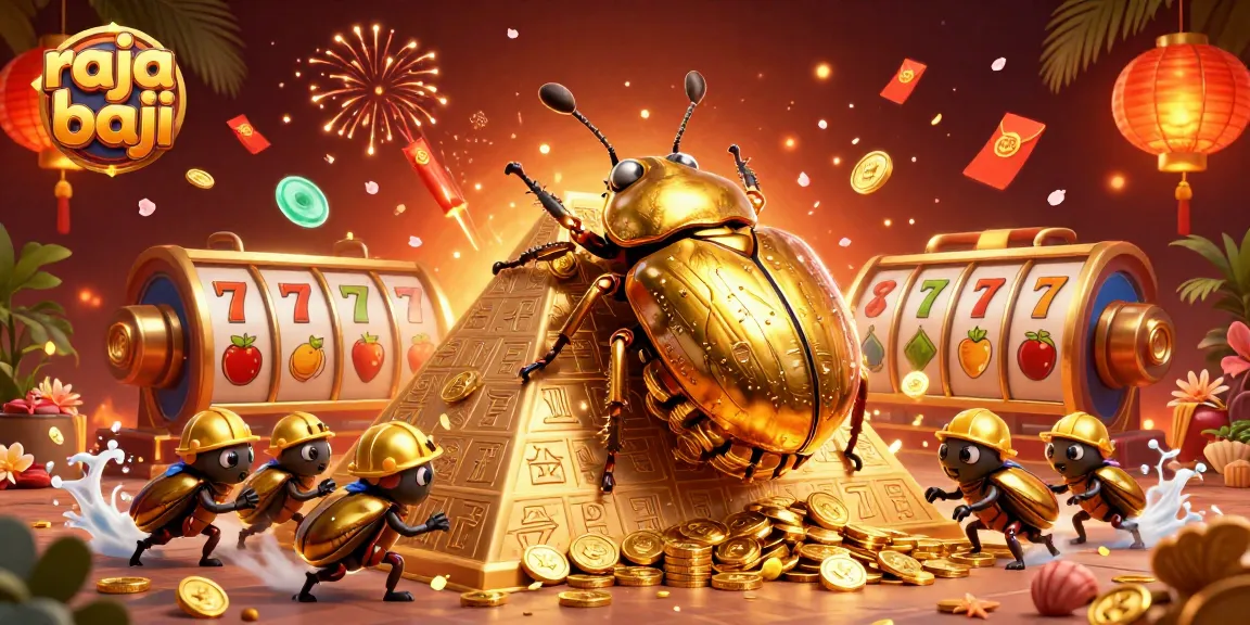Engage with raja baji's vibrant casino scene featuring golden beetles and dynamic slot elements.
