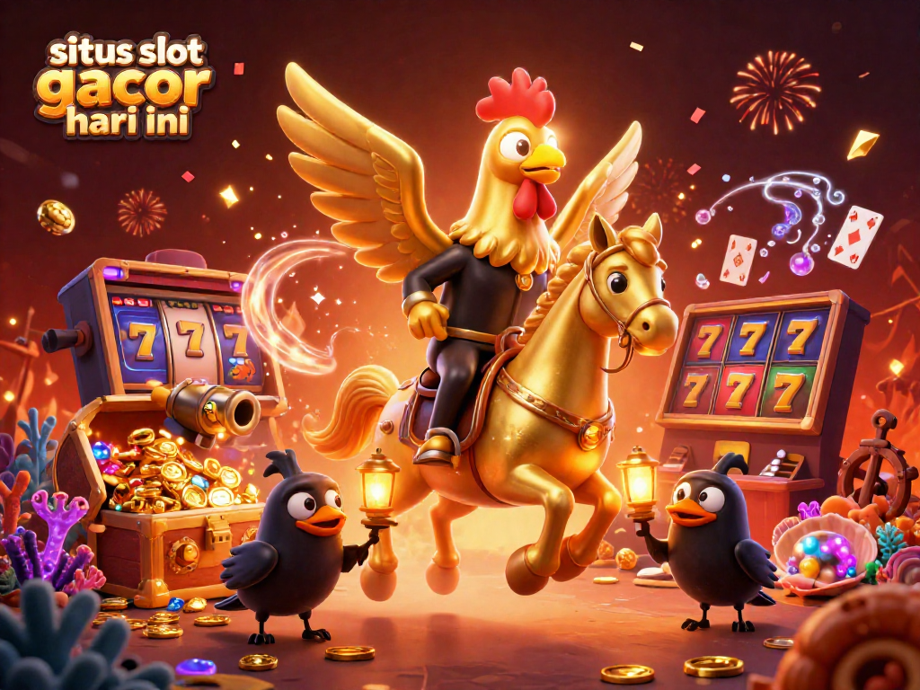 Sitos slot gacor hari ini illustrated with a golden rooster and spectral horse in a vibrant casino scene