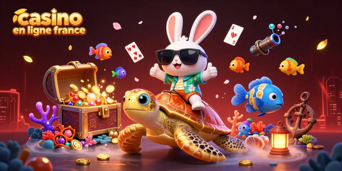 Illustration vibrante représentant un casino en ligne France, avec un lapin chanceux et une tortue dorée.