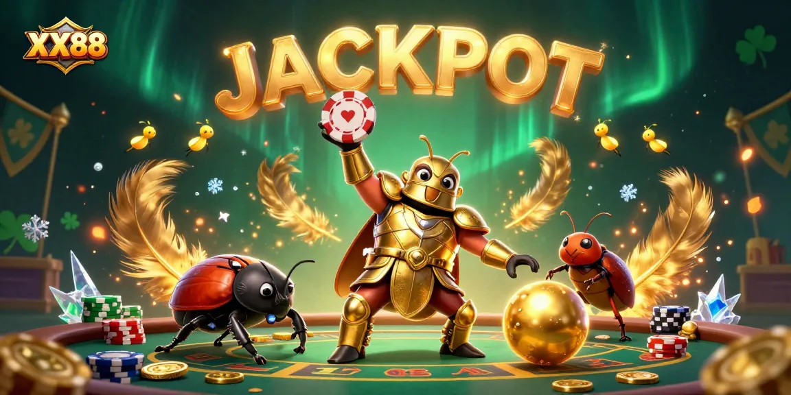 Experience the excitement of XX88 with a dynamic scene featuring winning beetles, poker, and a vibrant casino atmosphere.