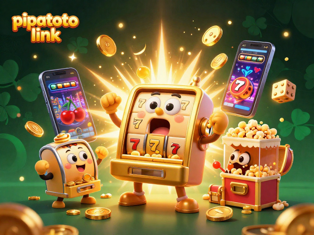 Pipatoto link showcases a cartoon slot machine celebrating a jackpot with coins flying around in an exciting casino scene.