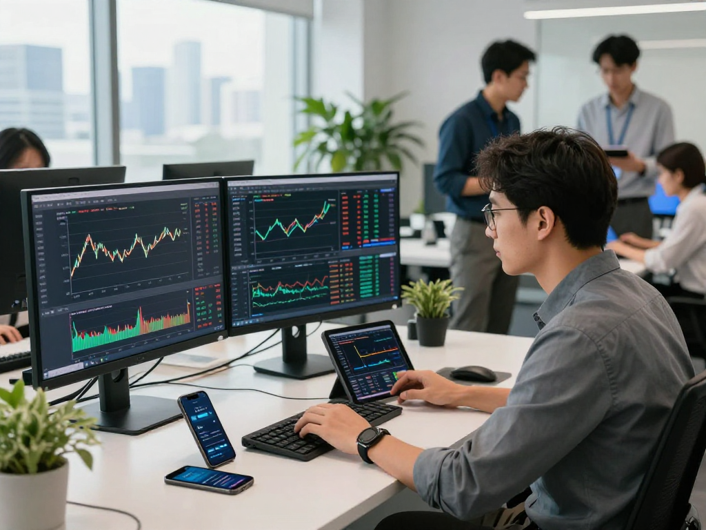 Forex WebSocket stream API in action: Developer analyzing real-time exchange rates in a modern trading office environment.