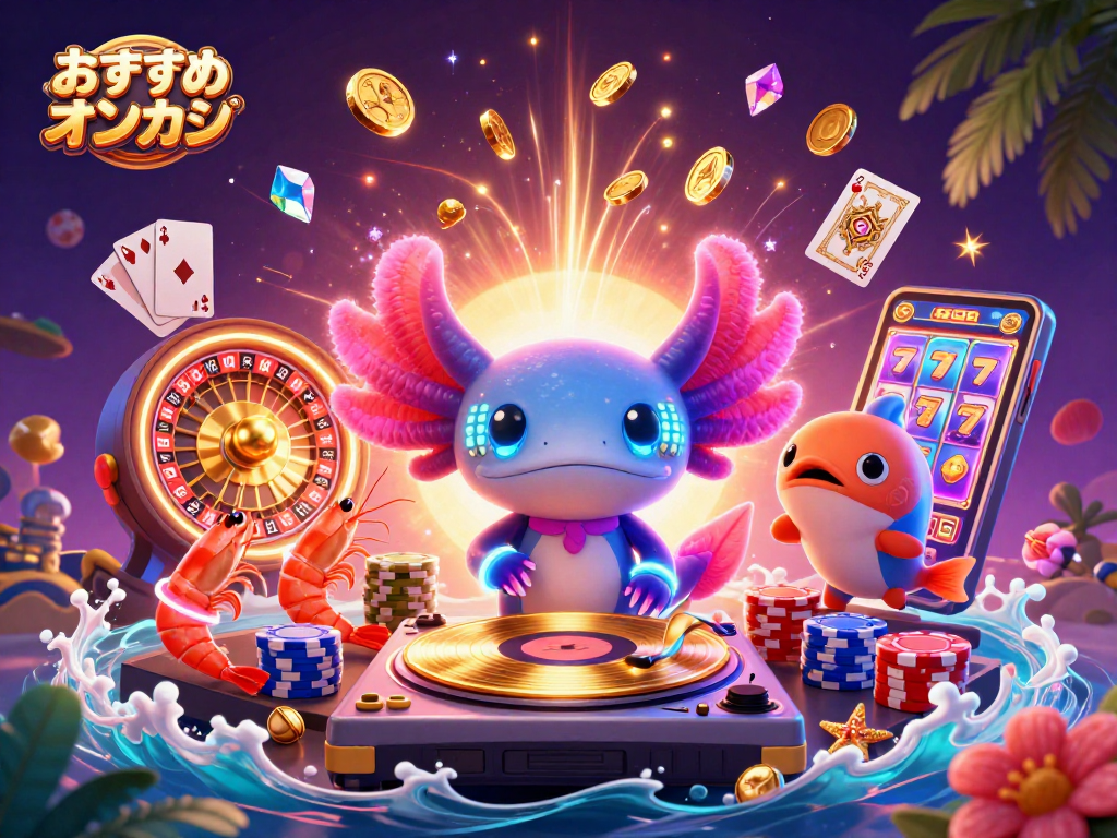おすすめオンカジの魅力を表現したカラフルなカジノシーンで、楽しくカジノゲームをプレイしています。