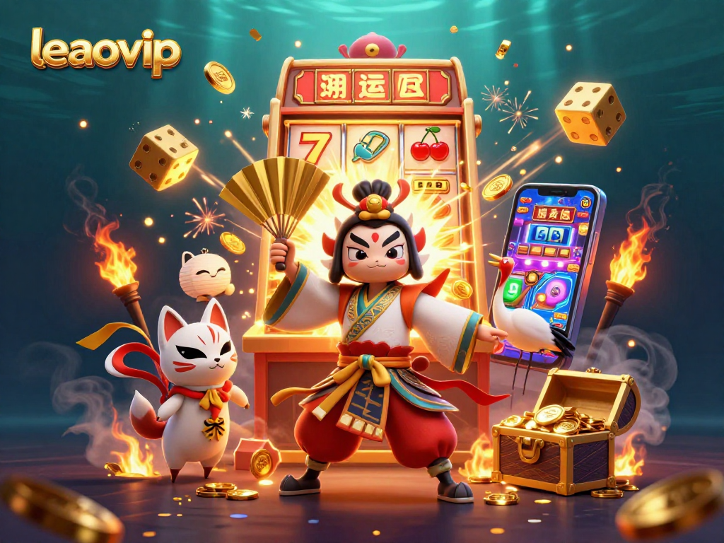 Experience the thrilling action of leaovip with this vibrant 3D slot machine and kabuki warrior scene.
