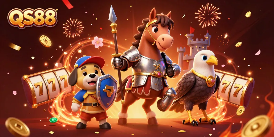 Experience excitement at QS88 with a vivid 3D illustration of a knight and playful elements highlighting casino fun.