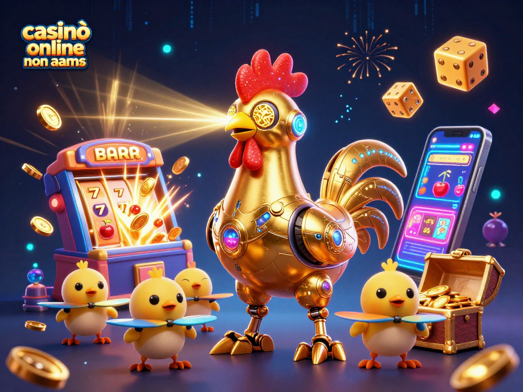 Vivi l'esperienza dei casinò online non AAMS con un robot gallo futuristico in un ambiente di gioco vivace.