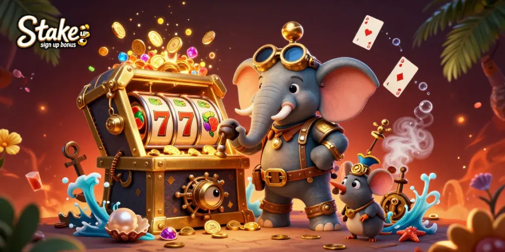 Unlock your stake.us sign up bonus with an engaging scene of a steampunk elephant at a slot machine.
