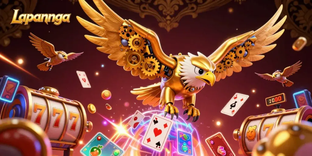 Engage with the vibrant world of Lapannaga through a stunning 3D illustration of a golden eagle amidst digital slot symbols.