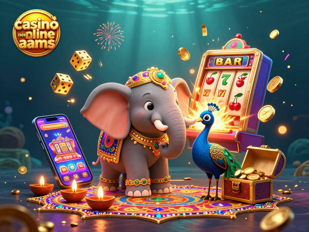 Scopri i casinò online non aams con un elefante e un pavone in una scena vibrante di giochi e premi.