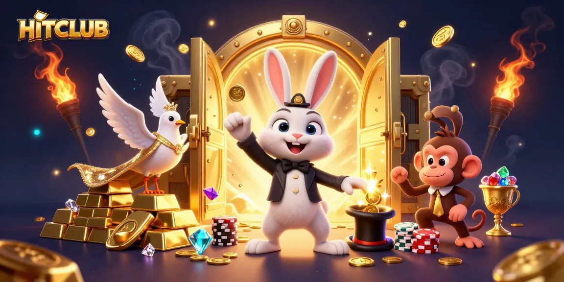 Engage with HITCLUB as the magician rabbit reveals golden treasures with poker chips and dazzling gems.