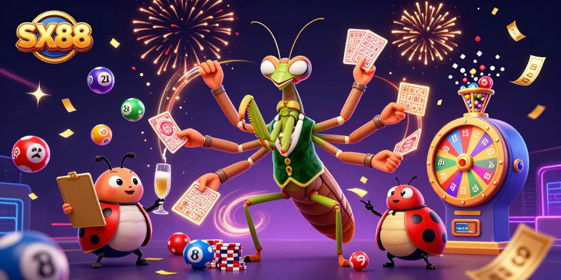 SX88 features a vibrant casino scene with a giant mantis card sharp, a ladybug pit boss, and colorful lottery elements.