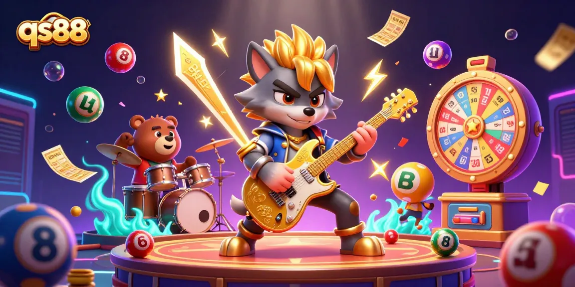 qs88 carnival of chance: a vibrant scene with a rock star wolf and a drummer bear amid dynamic gaming elements