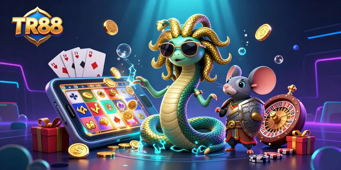 Engage in exciting slot games at TR88 with Medusa and a warrior mouse amidst golden coins and vibrant game elements.