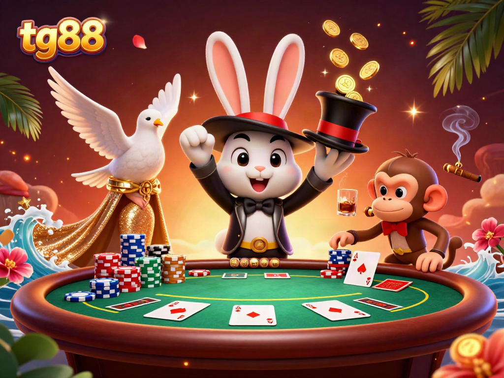 Engage with tg88's 3D casino scene showcasing a whimsical magician rabbit and vibrant gaming elements.
