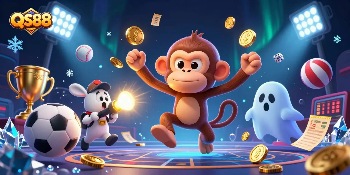 Experience the thrilling ghostly adventures of QS88 with a mischievous monkey juggling golden casino treasures.
