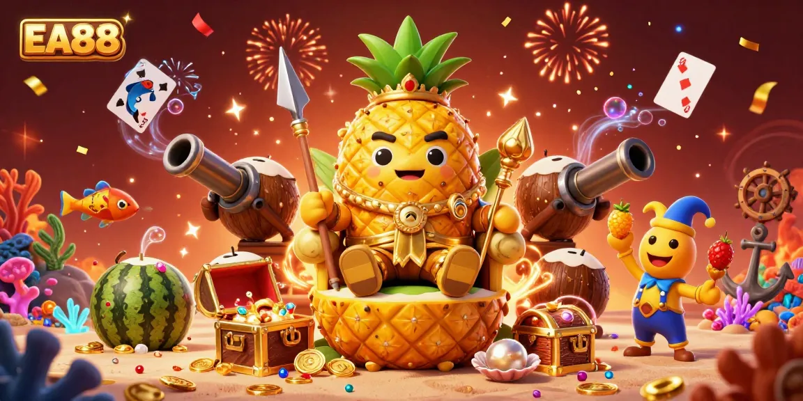 Win exciting prizes at EA88 with the golden pineapple king and his lively casino companions.