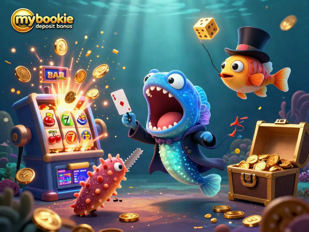 Experience the excitement of the mybookie deposit bonus with a dynamic underwater casino scene full of vibrant characters and gaming elements.