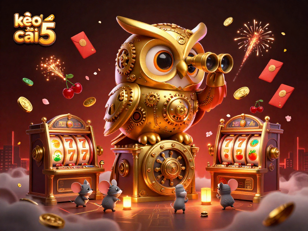 Engage with kèo nhà cái 5 through an enchanting illustration of a golden owl and slot machines.
