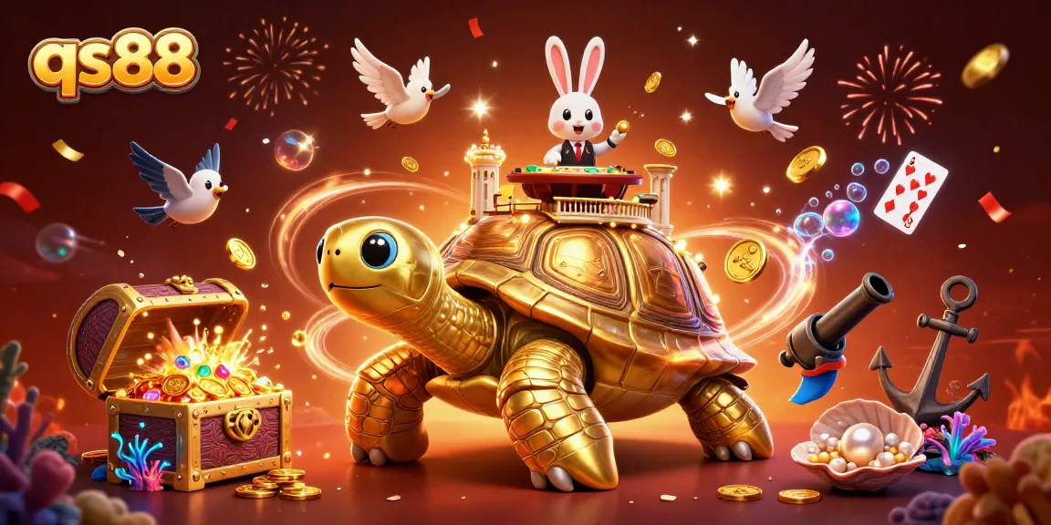 Experience thrilling wins with qs88 while celebrating at a vibrant casino scene featuring an energetic tortoise and dealer.