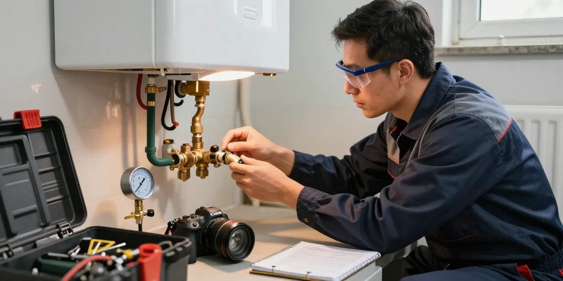 Professional technician performing boiler repair in Northampton, surrounded by tools and equipment in a well-lit utility room.