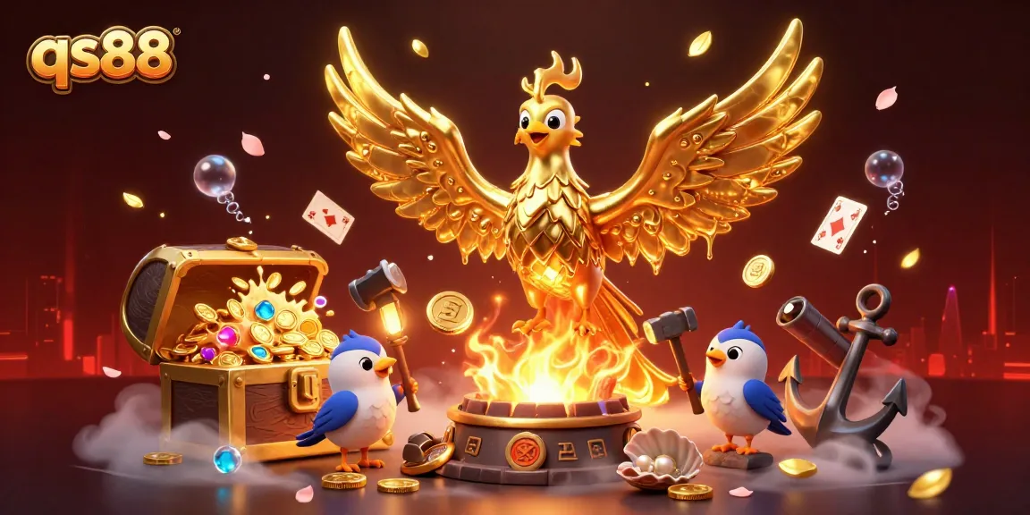 Experience online gaming thrills with qs88's golden phoenix and rich casino elements.