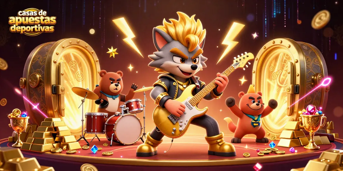 Apuesta en las casas de apuestas deportivas con escenas vibrantes de un lobo estrella, un oso y tesoros brillantes.