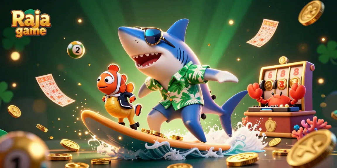Engage in the excitement of Raja game with a dynamic 3D illustration showcasing lucky elements like casino reels and bingo cards.