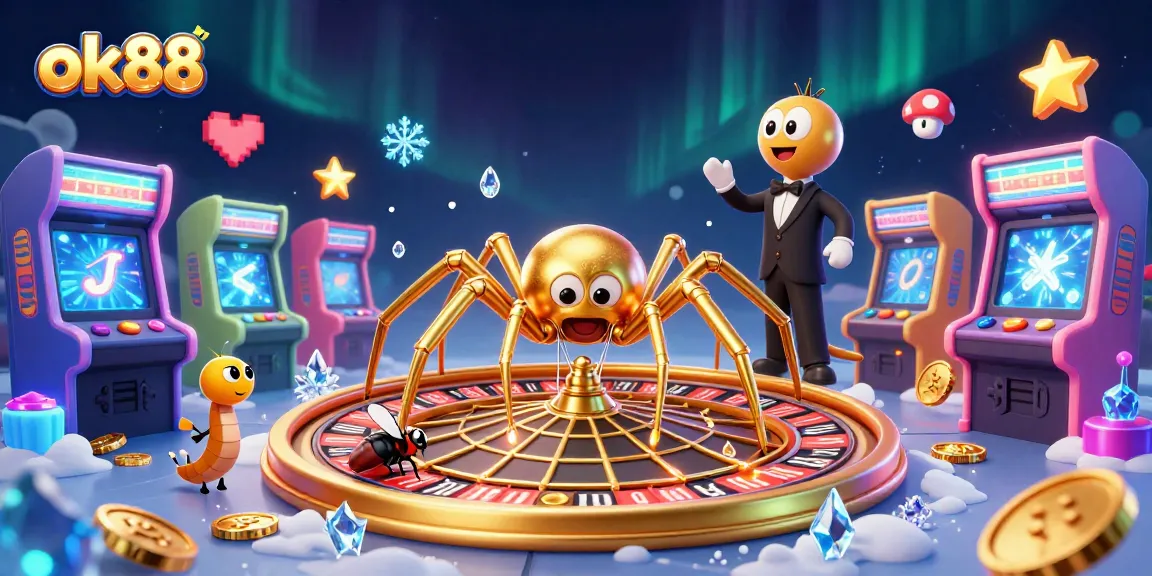 A fly nervously bets at the edge of a roulette wheel web in a vibrant ok88 casino illustration.