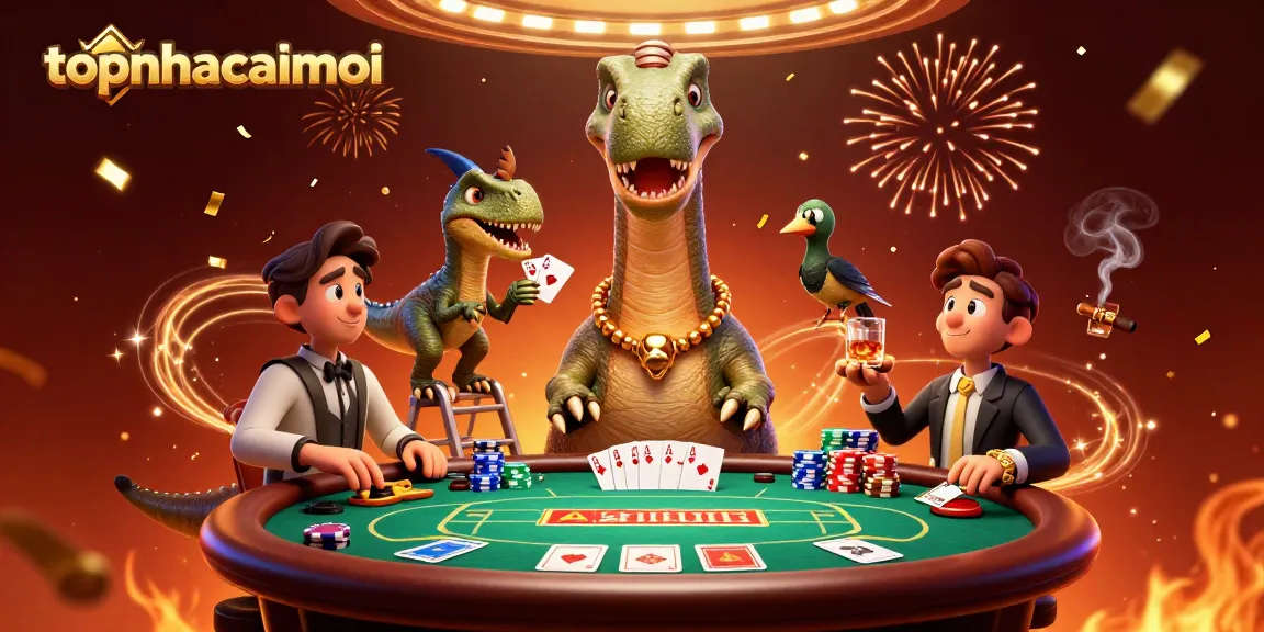 topnhacaimoi features a playful brontosaurus and raptor dealer in a vibrant casino scene full of poker action.