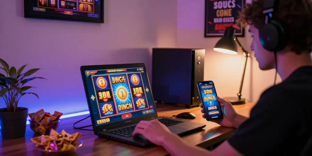 Slot gacor hari ini menunjukkan penggemar judi online bermain game slot dengan laptop dan ponsel, suasana nyaman di ruang kerja.