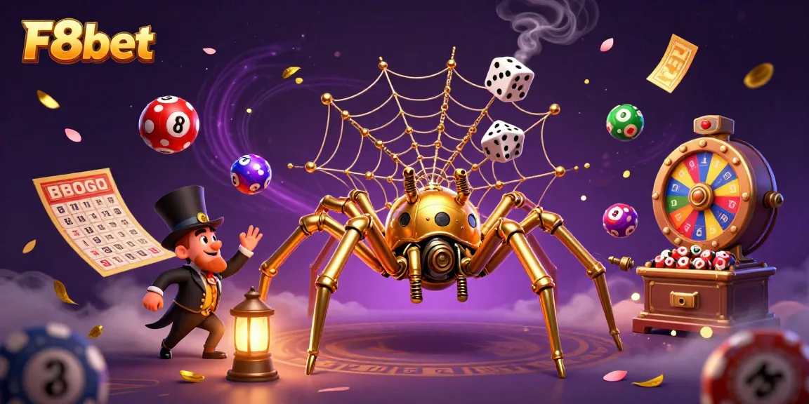 Spin the wheel of fortune with F8bet's vibrant casino illustration featuring captivating gaming elements.