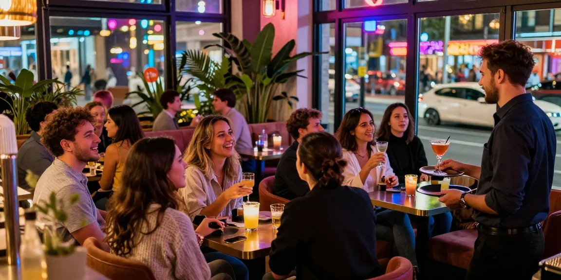 Socializing at an 오피사이트 bar with vibrant nightlife atmosphere and lively groups.