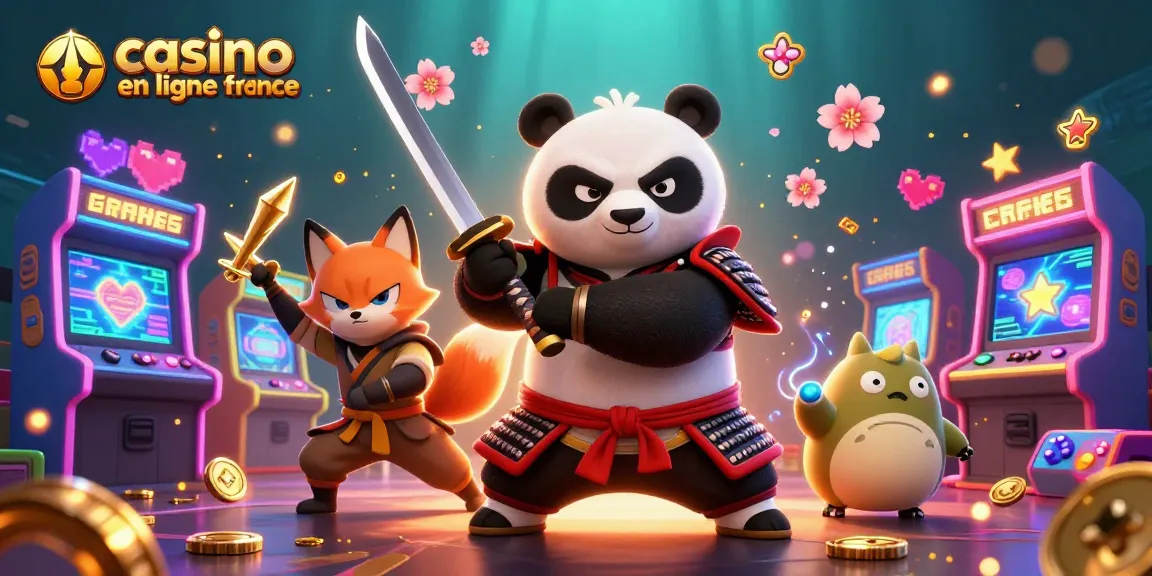 Un samouraï panda au casino en ligne France lançant un katana entouré de jeux lumineux.