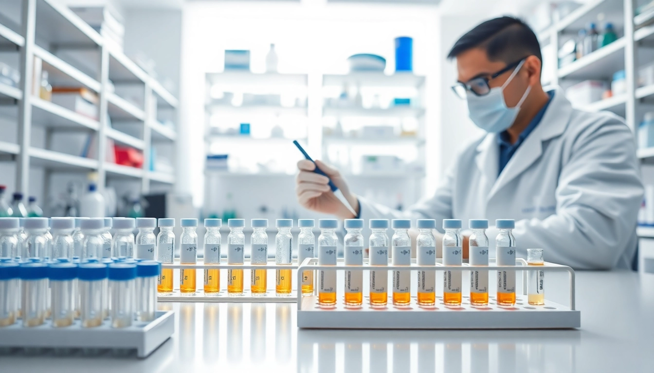 Scientist analyzing vials of research peptides in a bright laboratory environment.