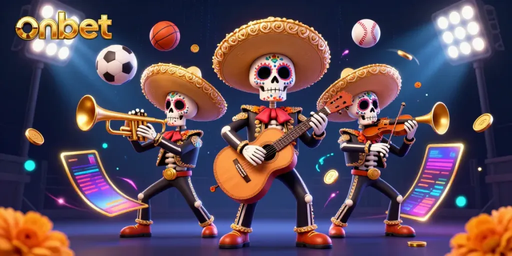 Experience vibrant onbet action with a vibrant mariachi band amidst dynamic sports elements and casino symbols.