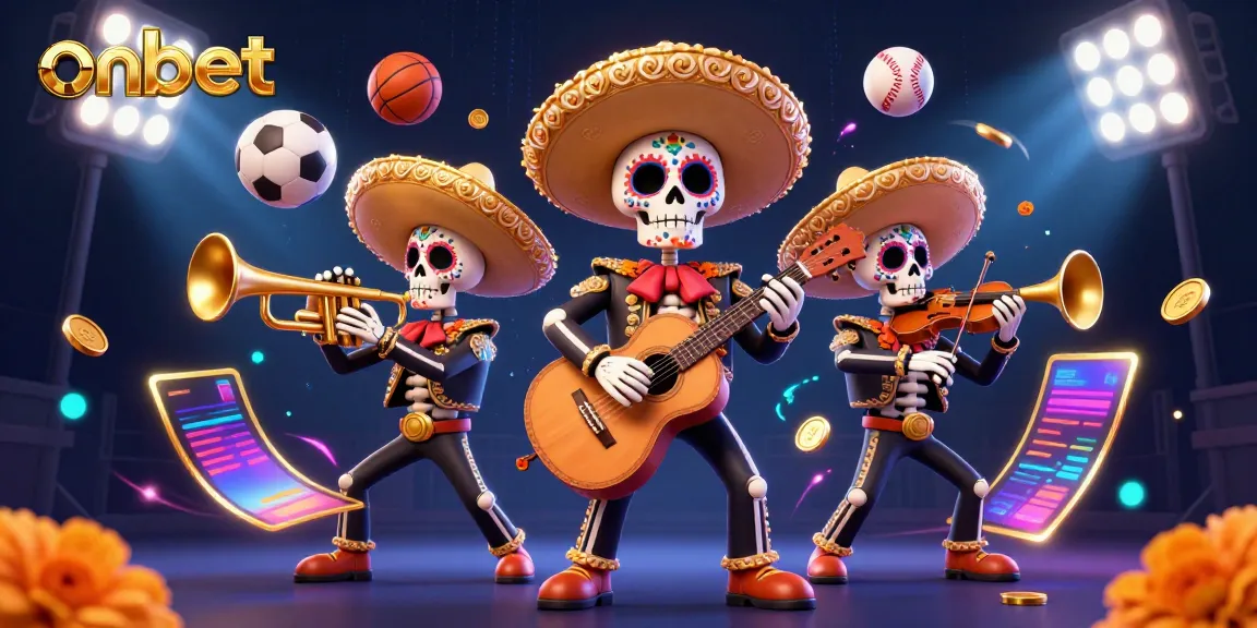 Experience vibrant onbet action with a vibrant mariachi band amidst dynamic sports elements and casino symbols.
