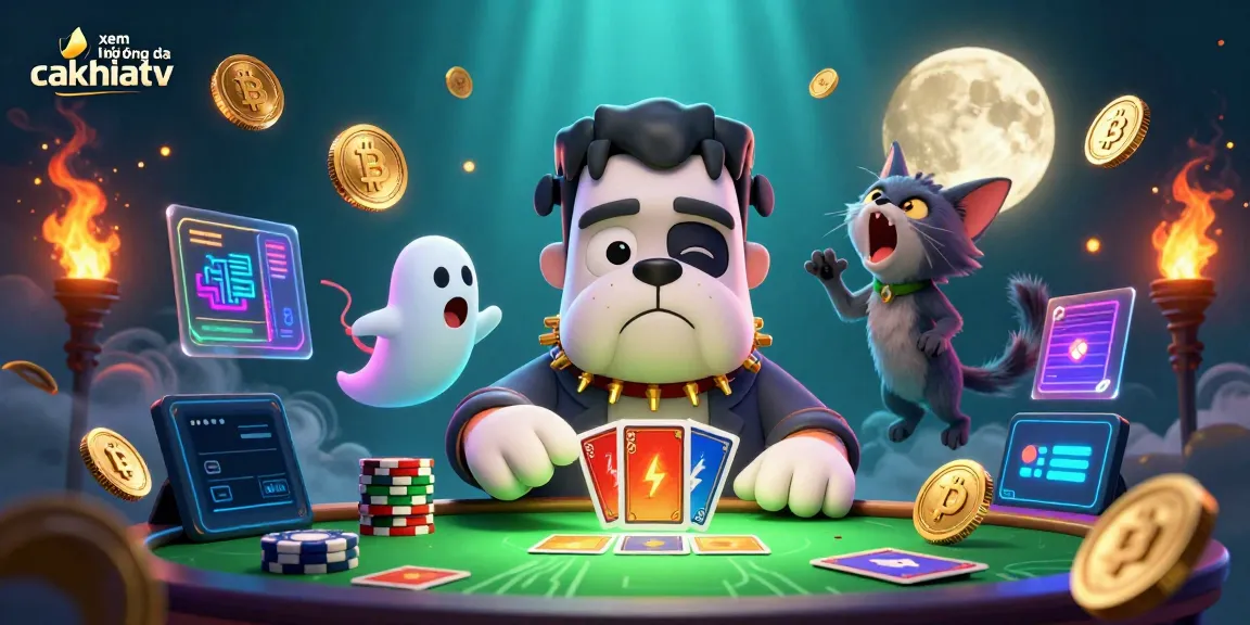 Engaging scene depicting xem bóng đá cakhiatv with a cartoon Frankenstein bulldog dealer at a vibrant casino table surrounded by crypto elements.