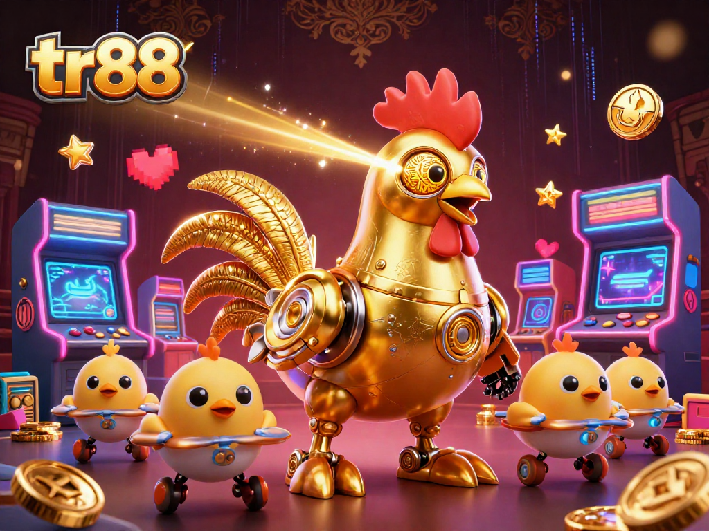Engage with tr88's vibrant casino scene featuring a golden rooster robot and gaming excitement.