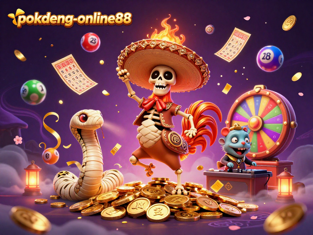 Experience excitement with pokdeng-online88 as skeleton mariachi dances on gold coins, surrounded by lottery elements.
