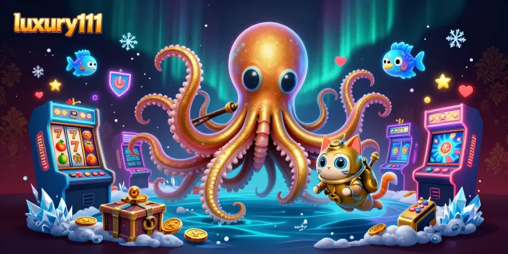 Engage in immersive gameplay at luxury111 with a vibrant kraken and diving cat illustration.