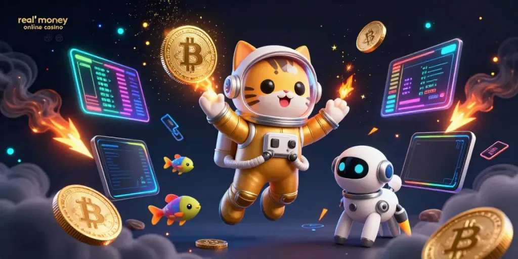 Experience the excitement of a real money online casino with our vibrant, energetic digital illustration featuring a space cat and robot dog amidst crypto elements.