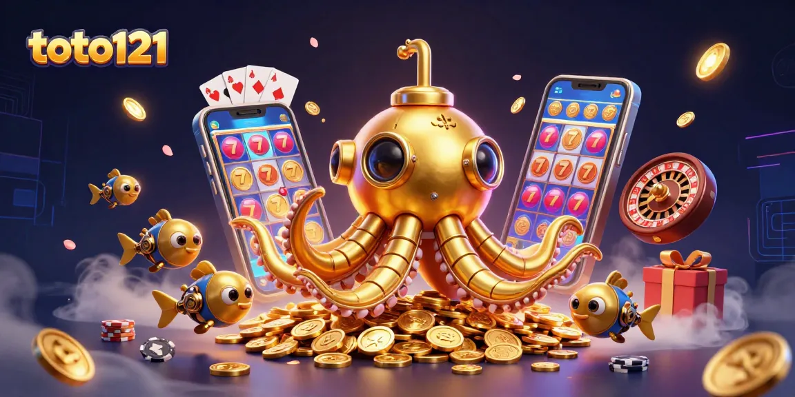 Immerse in a vibrant toto121 gaming scene with a golden kraken and dynamic slot games.